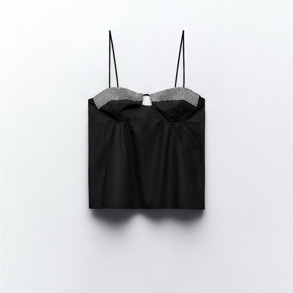 Zara • Black Rhinestone Poplin Top